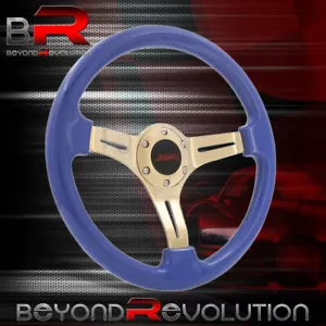 350mm Gold Steel Spokes Universal Blue Steering Wheel + Horn Button - Picture 1 of 4
