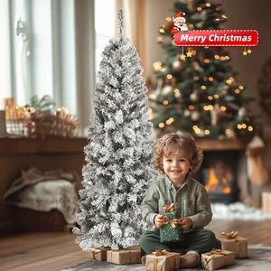 6 FT Artificial Pencil Christmas Tree Snow Flocked Branches Holiday Decoration - Picture 1 of 7