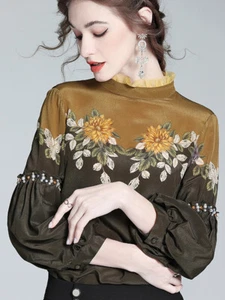 Echt Seide Top Damen Luxus Französisch Bedrucktes Shirt Maulbeerseide Bluse - Bild 1 von 12