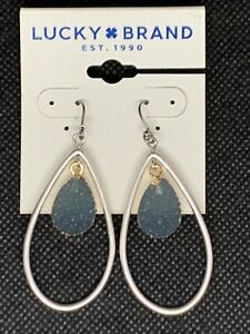 LUCKY BRAND Dark Druzy Pendant Drop Teardrop Hoop Silver-Tone Earrings NWT $35