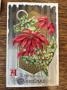 Vintage geprägtes PC "A Merry Christmas" Weihnachtsstern Stechpalme Anker - Bild 1 von 2