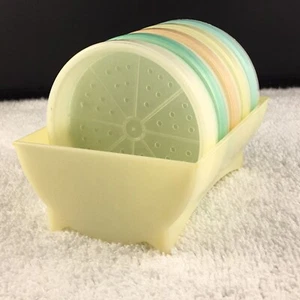 Vintage Tupperware Round Pastel Wagon Wheel Coasters 5 in Set Caddy Rack Holder - Picture 1 of 5