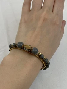 Vtg Signed Miriam Haskell Gold Tone Hinged Blue Beaded Cuff Bracelet - Picture 1 of 12
