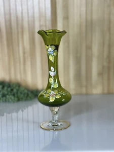 Bohemian Czech Bud Vase~ Art Glass~ Raised Hand Painted~Spiral Stem~Green~ 8" - Picture 1 of 6