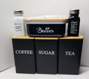 Black/ White Salt, Pepper Butter & Canister Sets each canister holds 4 cups - Picture 1 of 9