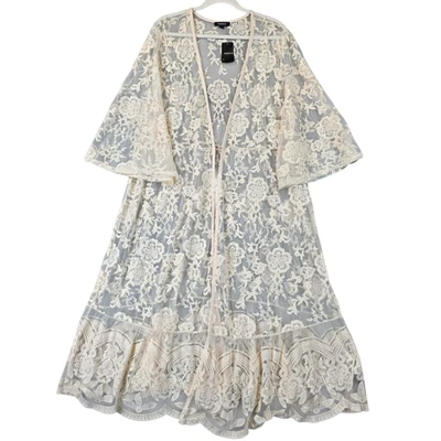 Chaqueta kimono bordada de malla tórrida para mujer 1X plumero de encaje transparente crema rocío Foto 1 de 4