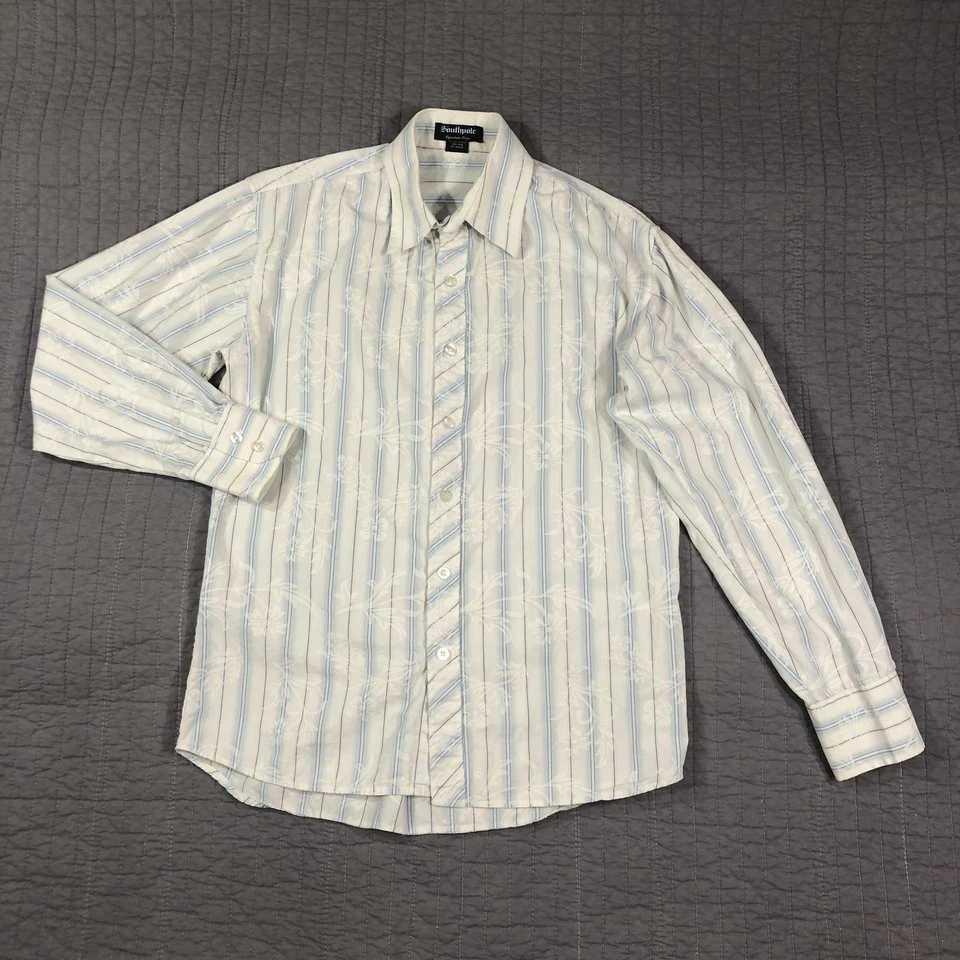 Camisa masculina Southpole média branca azul listra floral manga longa botão para baixo - Imagem 1 de 4