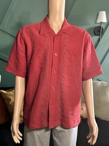 Cubavera Short Sleeve Rust Red Button Front Shirt Sz L Embroidered Front - Picture 1 of 8