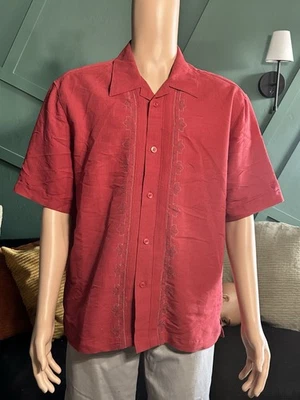 Cubavera Short Sleeve Rust Red Button Front Shirt Sz L Embroidered Front - Image 1 of 4