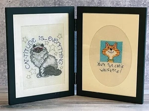 2 süße fertige Kreuzstich Bilder gerahmt Cattitude Katzen Schnurrhaare B26 - Bild 1 von 1