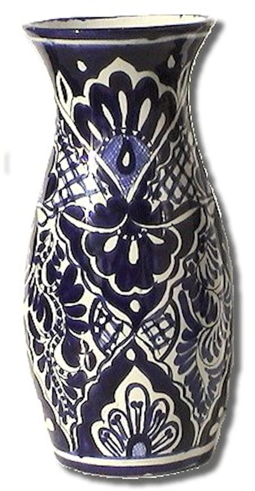 Jarrón de cerámica tradicional Talavera azul mexicano hecho a mano con flores 13,5" Foto 1 de 1