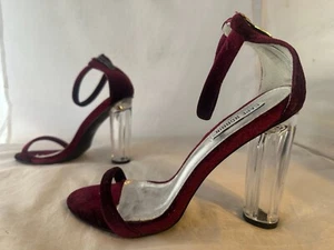 Cape Robbin Connie Clear Strappy Block Heel, Wine Velvet, Size Women 7.5 NEW - Picture 1 of 5