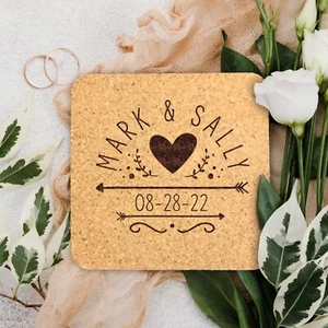 Personalized Couples Wedding Square Cork Coasters Custom Engraved Favors - Picture 1 of 6
