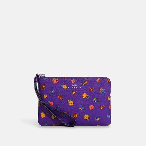 Nuovo Coach CA716 Polso Cerniera Ad Angolo con Mini Stampa Rosa Vintage Sport Viola