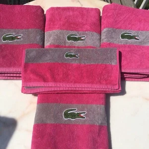 Lacoste Bath Towel Set LARGE Croc ๐ 4 Bath 1 Hand Hot Pink Stripe Cotton - Picture 1 of 9