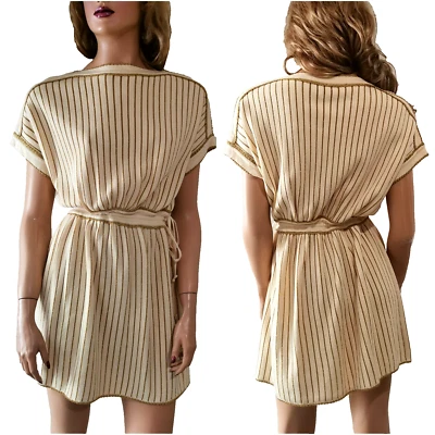🆓US🛃 GUCCI  gold stripes knitted beige Dress M - Image 1 of 4