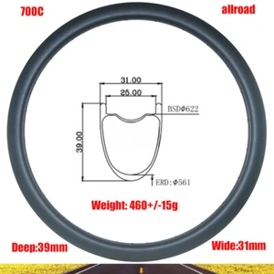 700C Road Gravel Carbon Rim 39mm Deep 31mm Wide Tubeless Clincher Matte/Glossy - Picture 1 of 8