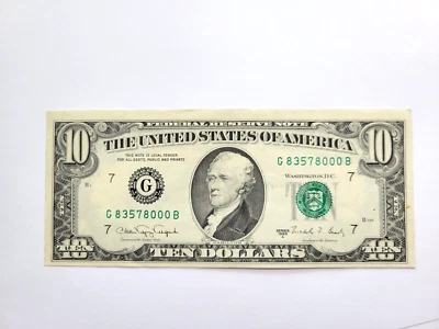 1988 $10 Ten Dollar Bill Federal Reserve Note, serial # G83578000B - Image 1 of 2
