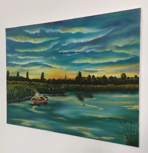 Ölgemälde Ölbild Landschaft See Angler Malerei Bild - Bild 1 von 4