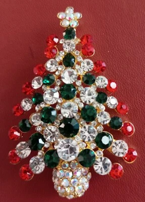 Broche prendedor árbol de Navidad con diamantes de imitación-rojo verde brillantes piedras transparentes Foto 1 de 4