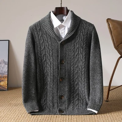 Мужской кашемировый свитер толстый лацкан кнопка бизнес кардиган свитер вязаное пальто - Изображение 1 из 4