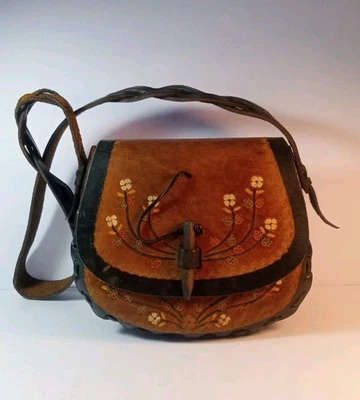 Vintage 60's hand made hippie leather shoulder bag purse Floral Embossed - Image 1 of 4