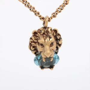 Authentic Gucci Lion Head Motif Blue Stone Pendant Gold Plated Necklace - Picture 1 of 6