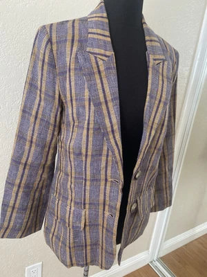Isabel Marant Etoile Check Print Linen Blazer In Honey Beige and Purple Sz 38 - Image 1 of 4