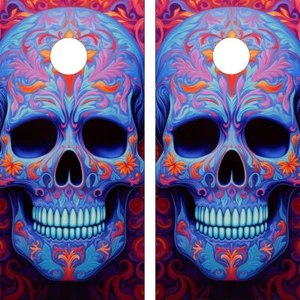 WATERPROOF & FADEPROOF Cornhole Board Wraps /  - Blue Skull - Picture 1 of 3