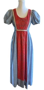 VINTAGE Joy Stevens CA boho maxi dress Blue Red Pinafore Lace Crochet Puff 3/4 - Picture 1 of 18