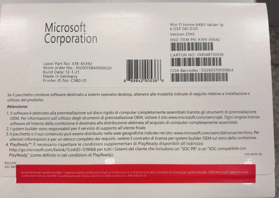 Software MICROSOFT Windows 11 Home 1 PACK 64Bit ITALIANO OEM DVD BOX - ORIGINALE - Immagine 1 di 1