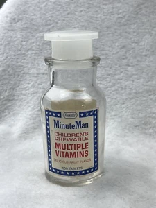 Vtg Minute Man Glass Vitamin Jar EMPTY Childrens Chewables REXALL w/ Stopper - Picture 1 of 9