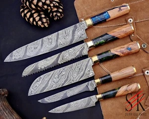 SET COLTELLI DAMASCO FORGIATO FATTO A MANO SU MISURA SET COLTELLI DA CUCINA di 5 - Foto 1 di 9