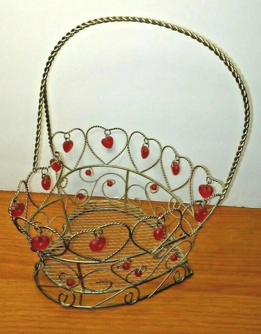 Heart Shape Twisted Wire Basket with Red Plastic Hearts and Beads Cover