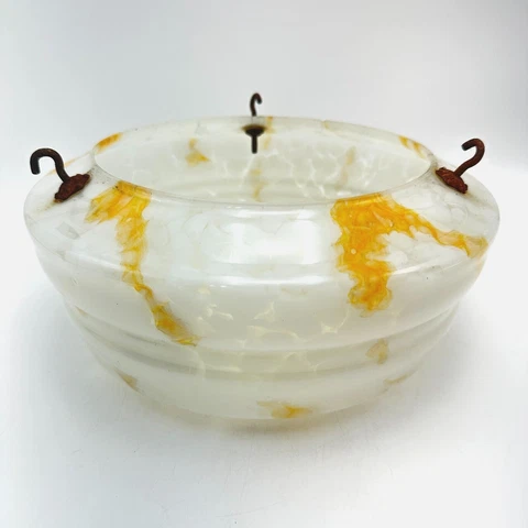 Vintage MCM Shade Pendant Light Glass Bowl White w/ Orange Detail Decor 11" W Cover
