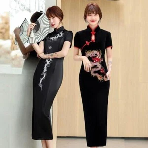 Luxurious Chinese Black Satin Long Dragon Cheongsam Qipao Dress Chinese Retro UK - Picture 1 of 15