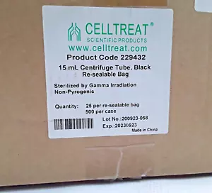 229432 - CELLTREAT - 15mL CENTRIFUGE TUBE, BLACK RE-SEALABLE BAG - 500/CS- NEW - Picture 1 of 6