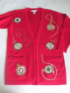 Jones New York Petite Red V-Ausschnitt Strickjacke Pullover mit goldener Stickerei Taschenuhren - Bild 1 von 3
