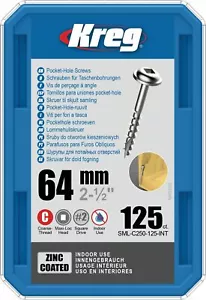 Kreg Pocket Screws – 64mm / 2-1/2″ #8 Coarse Washer-Head 125 pk SML-C250-125-EUR - Picture 1 of 1