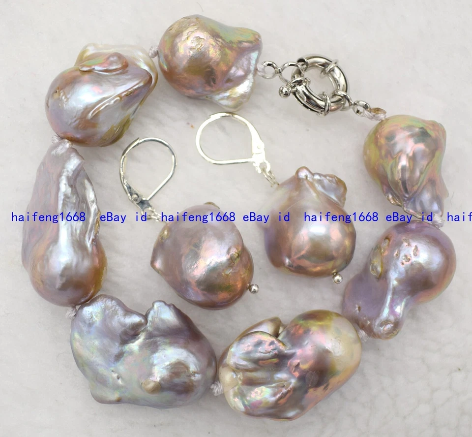 Selten Riesig 15x20mm Natürlich Lila Süßwasser Barock Perle Armband Ohrring 19cm - Bild 1 von 4
