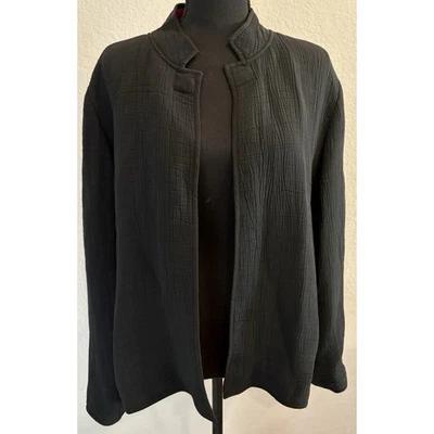 Chico’s Rayon/Silk Blend Black Textured Lined Jacket Size 2 (Large) - Image 1 of 4