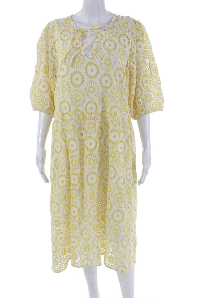 Barbour Women A-Line Sundress Yellow And White Floral Midi 3/4 Sleeve Tie Size 1 - Image 1 of 4