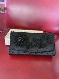 Vintage Satin Black Bead Floral Evening Bag Structured Clutch 60s Hand Made - Picture 1 of 13