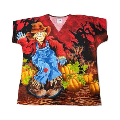 SCRUBS Top Fall Scarecrow Autumn Fall Harvest Halloween Theme Women’s Size M - Image 1 of 4