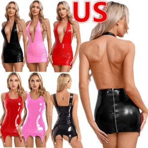 Mujeres Sexy Mini Vestido Imitación Cuero Bodycon Halter Sin Mangas Vestido Ropa Interior - Imagen 1 de 78
