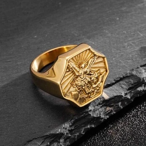 St. Micheal Protect Us Angel Ring Stainless Steel Men's Big Cross Angel Ring - Picture 1 of 4