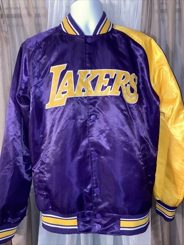 LOS ANGELES LAKERS Jacket Satin VINTAGE Men’s LARGE Sewn Logo NBA PRISTINE Shape Cover