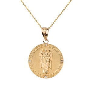 Gold Solid Saint Gabriel Diamond Engravable Medallion Necklace 1.02" (25 mm ) - Picture 1 of 12