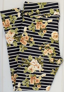 TC LuLaRoe Tall & Curvy Leggings Beautiful Roses on Black White Stripes K73 New - Picture 1 of 6