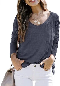 Womens Long Sleeve Shirts Casual V Neck Lightweight Tops for Fall Navy XL - Picture 1 of 4